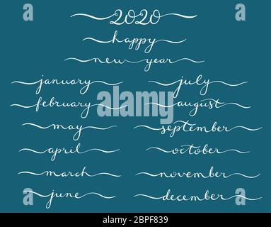 Big vector handdrawn calligraphic monthly set with months and Happy New Year 2020. Brush calligraphy, hand lettering. For schedule, diary, journal, postcard. Vector illustration. Stock Vector