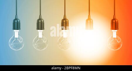 Row of Hanging Lightbulbs with One Lit Up Stock Photo