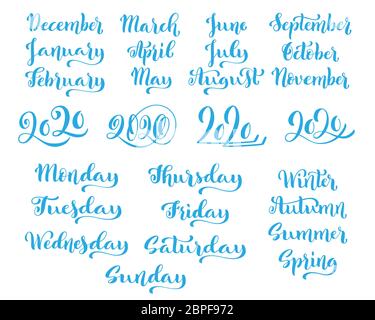 Big vector handdrawn calligraphic monthly set with months, year 2020, seasons and days of week. Brush calligraphy, hand lettering. For schedule, diary, journal, postcard. Vector illustration. Stock Vector