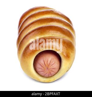 The sausage in the ruddy yeast bun with a golden crust isolated on white background. Stock Photo