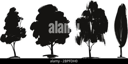 Tree set floral elements, nature, hand drawn vector illustration sketch isolated on white background Stock Vector