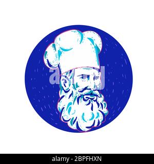 Doodle art illustration of an angry bearded chef, cook or baker looking to side set inside circle done in retro style. Stock Photo