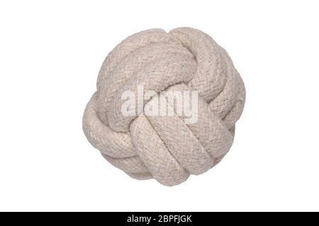 Rope isolated. Close-up of a rope knote ball. Macro. Knoted rope dog toy. Stock Photo