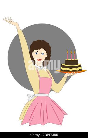 a smiling young woman holding a big cake in the kitchen Stock Photo