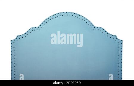 Pastel blue soft velvet fabric shaped bed headboard isolated on white background, front view Stock Photo