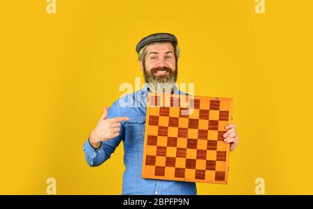 Grandmaster experienced player. Enjoy tournament. Game strategy concept. Chess lesson. Cognitive development. Chess competition. Board game. Bearded man play chess. Chess figures. Intellectual games. Stock Photo