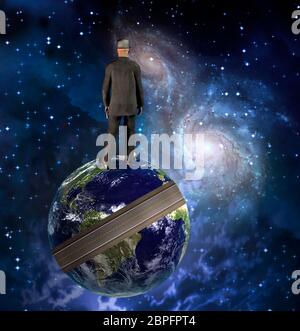 Man in suit stands on planet the Earth. Galaxies and nebulae in deep space Stock Photo