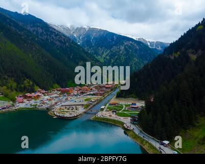 Drone view to the Uzungol tourist attractive destination in city of Trabzon Turkey Stock Photo