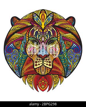 Vector decorative doodle ornamental head of lion. Abstract vector colorful illustration of lion head isolated on white background. Stock illustration Stock Vector