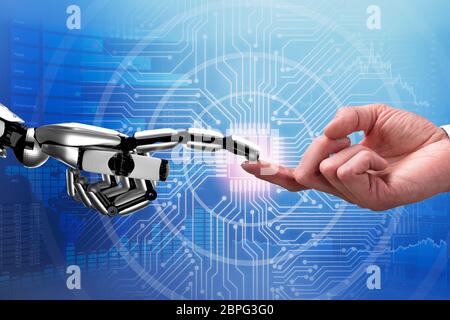 Close-up Of Robot And Man Touching Each Other's Finger Against Futuristic Background Stock Photo
