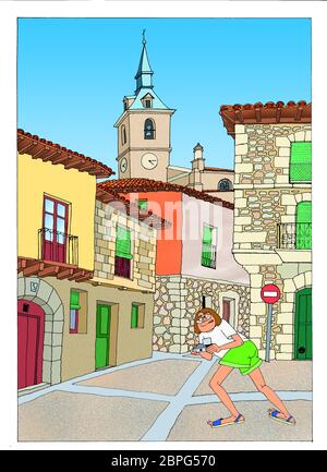 Tourist taking photos in a village. Illustration. Stock Photo