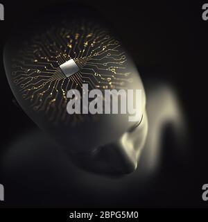 Artificial brain made of microprocessor with electrical connections and binary pulses representing the human nervous system. Concept of artificial int Stock Photo