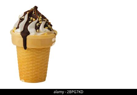 Ice cream. Sweet ice dessert in a waffle cone poured with chocolate on a white background.Beautiful dessert. Stock Photo