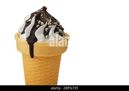 Ice cream. Sweet ice dessert in a waffle cone poured with chocolate on a white background.Beautiful dessert. Stock Photo