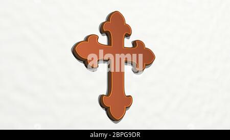 CHRISTIAN CROSS from a perspective on the wall. A thick sculpture made of metallic materials of 3D rendering Stock Photo