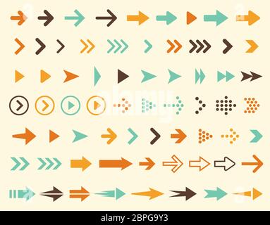 Collection of arrows icons in retro style and in vintage colors, large set of right pointers signs, vector illustration Stock Vector