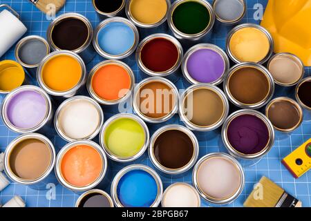 Background from multi color cans of paint Stock Photo