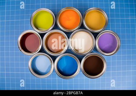 Background from multi color cans of paint Stock Photo