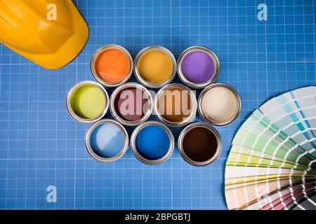 Background from multi color cans of paint Stock Photo