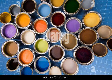 Background from multi color cans of paint Stock Photo
