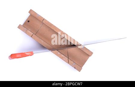 Miter box with a saw, isolated on a white background Stock Photo