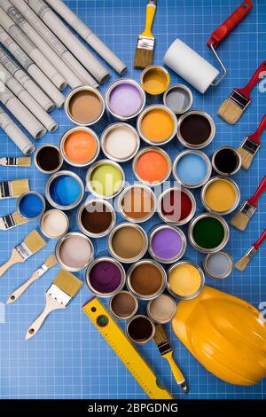 Background from multi color cans of paint Stock Photo
