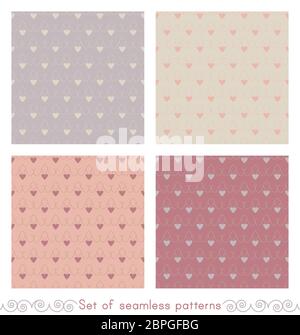 Set of seamless patterns with little hearts. Color grey, red , orange and cream ivory. Pastel colors. Vector. Stock Vector