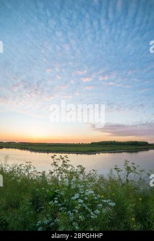 Stunning landscape image of altocumulus clouds at sunset over Bentwoud, a recreational area in the western part of Holland Stock Photo