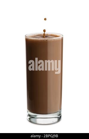 glass full of chocolate milk with dripping on white background Stock Photo