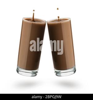 two glasses with chocolate milk with dripping spash on white background Stock Photo