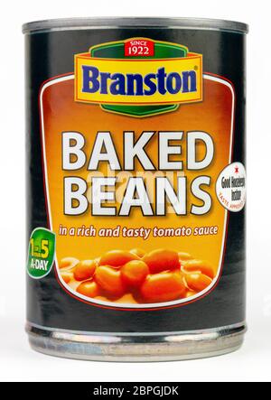 Coventry, West Midlands, UK - May 13, 2020: Unopened can of Branston baked beans on an isolated white background Stock Photo