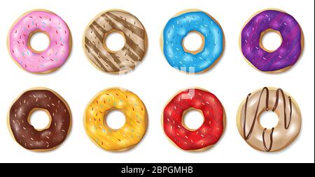 Set of Colorful glazed donuts isolated on white. Sweet glossy bakery donuts with pink and chocolate glaze. Realistic round doughnut vector Stock Vector