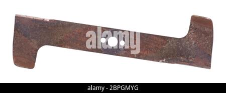 Lawn mower blade, old and used, isolated on white Stock Photo