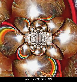 Abstract painting. Mirrored round fractal with God's hands, light and rainbow. Stock Photo