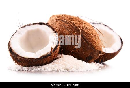 Composition with shredded coconut and shells isolated on white background Stock Photo