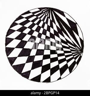 abstract hand drawn pattern on white paper by felt pen - black and white checkered ornament in circle Stock Photo