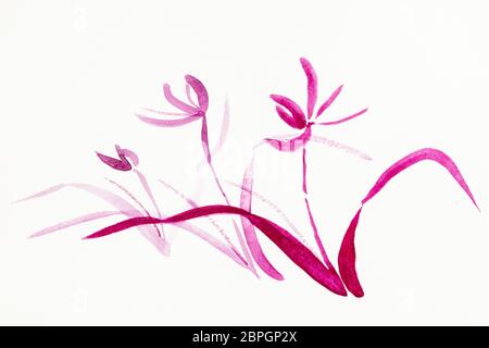 training drawing in sumi-e (suibokuga) style with watercolor paints - purple orchid flowers are hand drawn on creamy paper Stock Photo