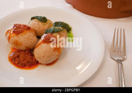 Papas arrugadas with mojo sauce serving. Canarias, Spain. Stock Photo