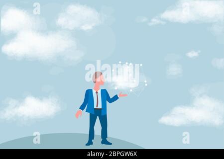 Cloud computing for business, concept. Layout with space for text, a businessman on background of sky withwith cloud and network in hand. Stock Vector
