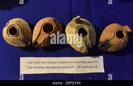 Jerusalem, Israel. 19th May, 2020. Archeological excavation finds of clay oil lamps from the Abassid Period are displayed by the Israel Antiquities Authority on Tuesday, May 19, 2020, in the Old City of Jerusalem. Archeologists have discovered an unique subterranean system in the bedrock of the Second Temple Period beneath a 1400 year-old public building in the underground excavations under the Western Wall. Photo by Debbie Hill/UPI Credit: UPI/Alamy Live News Stock Photo