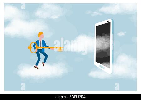 Cloud computing for business, concept. Layout with space for text, Storage and security of personal and corporate data. Businessman on the cloud. Stock Vector