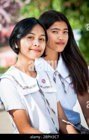 Playful Filipino school children pose in a park in Angeles City, The Philippines, South East Asia. Stock Photo