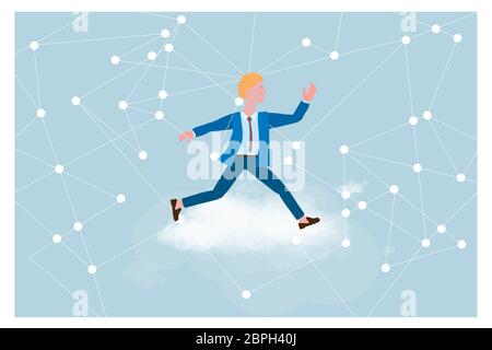Cloud computing for business, concept. Layout with space for text, a businessman on background of sky. Quickly Syncing data from your with cloud stora Stock Vector