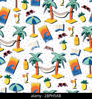 Relaxing beach day seamless vector pattern. Summer beach repeating background with palm trees, hammocks, sunglasses, cocktail, books, sun umbrella Stock Vector