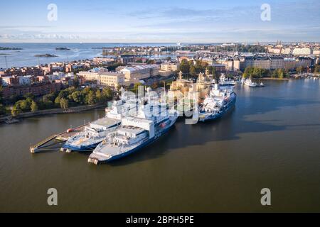 Finnish Icebreaker vessels moored on a dock in Helsinki, Finland in summer. Stock Photo