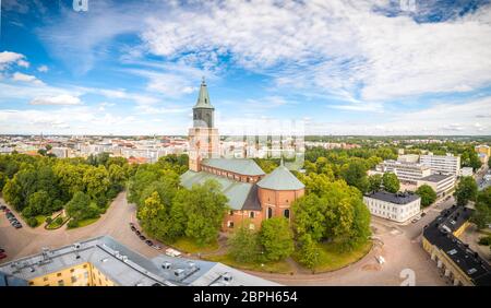 Aerial panorama of Turku Cathedral and the city center at sunny summer day. Stock Photo