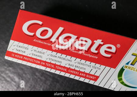LONDON - MAY 16, 2020: Colgate total toothpaste in box Stock Photo