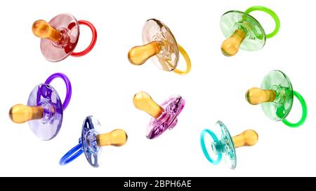 Colorful Baby's Pacifiers Isolated on White Background, 3D Illustration Stock Photo