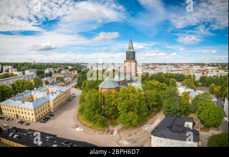 Aerial panorama of Turku Cathedral and the city center at sunny summer day. Stock Photo