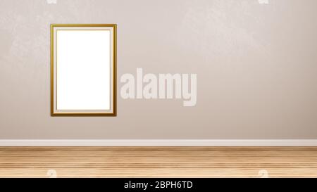 Classic Rectangular Portrait Empty Golden Picture Frame at the Wall in the Room with Copyspace 3D Render Stock Photo